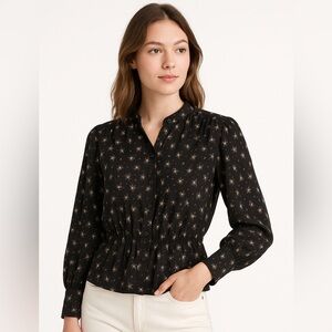 Lauren Ralph Lauren Black Button Down Blouse Peasant Sleeve cinched waist Med